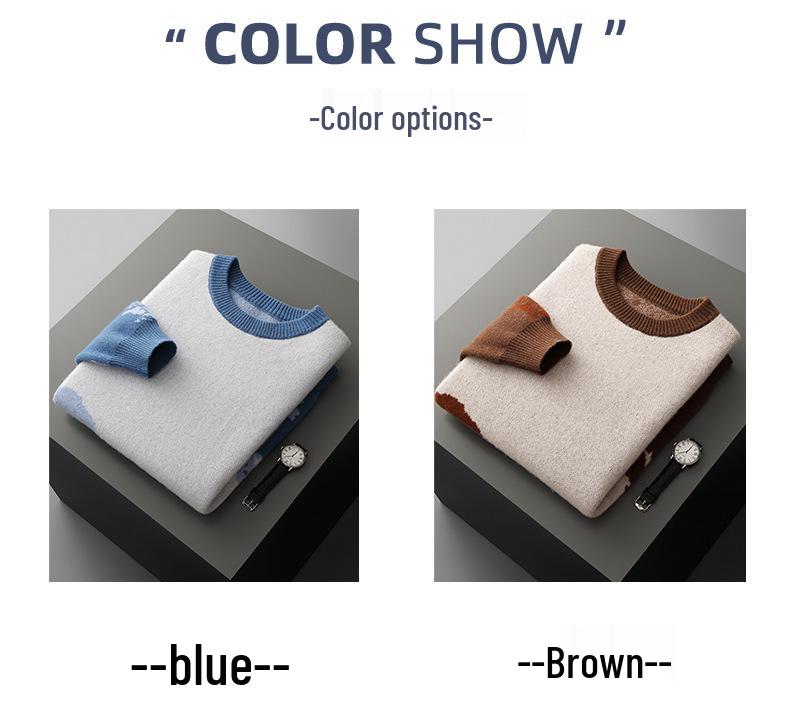 Men's High-End Pure Wool Patchwork Sweater - Winter Round Neck Cashmere Knit, New Style Base Layer