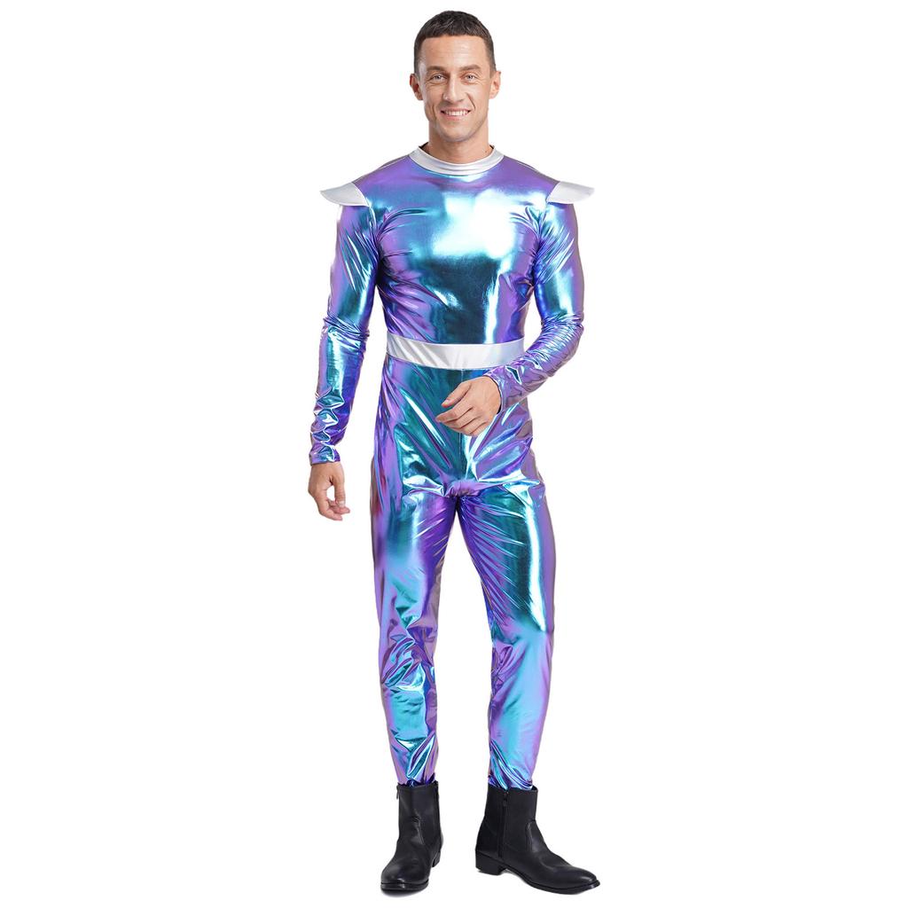 One-Piece Outer Space Costume for Men M-3XL: Easy Wear Long Sleeve Jumpsuit, Combines Cute & Robotic Styles for Photos