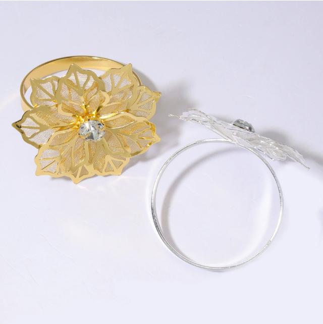 Gold Hollow Out Flower Napkin Ring Holder Metal Napkin Rings,Wedding Party Holiday Banquet Christmas Dinner