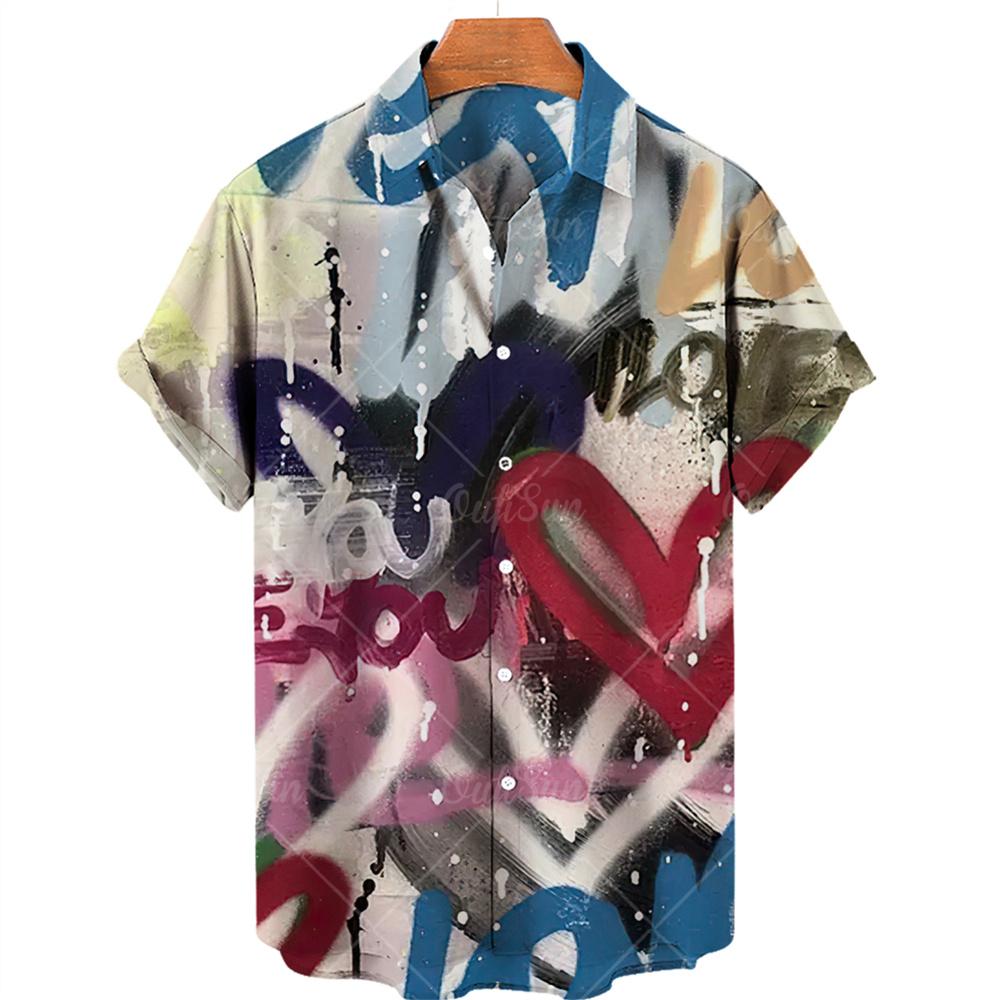 Summer 3d Graffiti Oil Painting Printed Shirt Men Fashion Streetwear Hawaiian Beach Casual Lapel Men's Short Sleeved Shirt