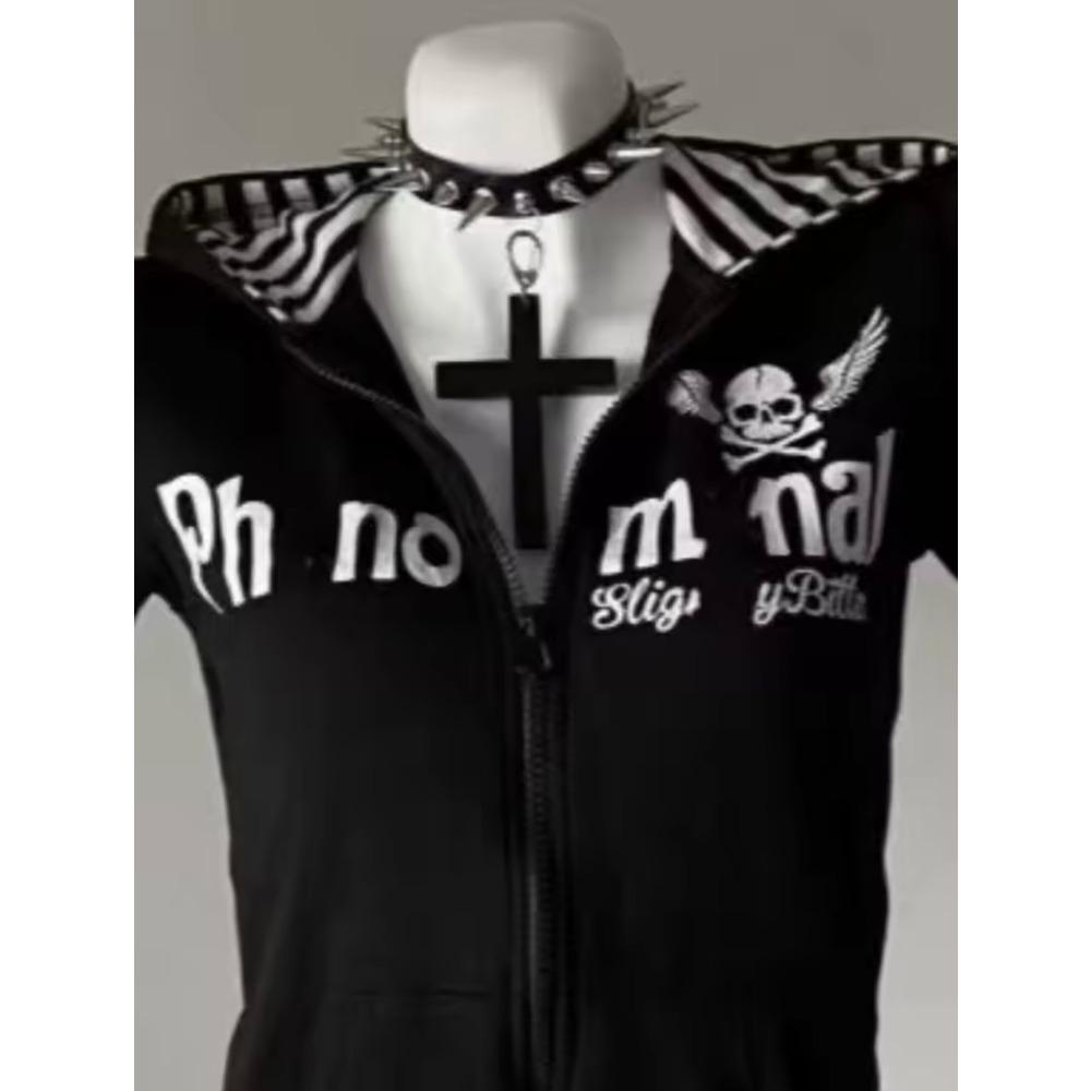VAYLA Y2K Subculture Skull Print Zip Cardigan Short Sleeve Women Japan Slim Fit Striped Hoodie Casual Tops Fashion Streetwear Clothes