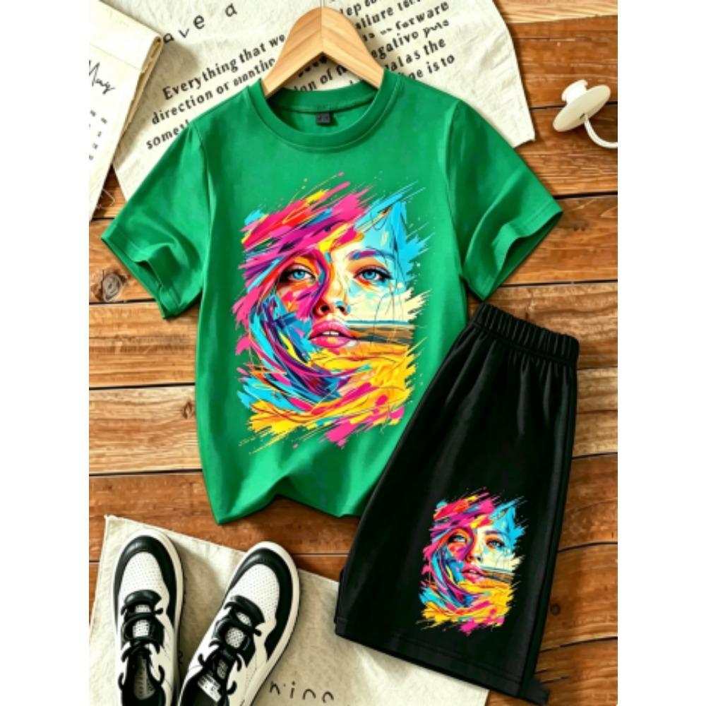 Women's Graffiti Printed Outdoor Street 15 Colors Women's T-shirt and Shorts 2 Piece Set Summer Home Casual Outfit Men's and Women's Sports Set