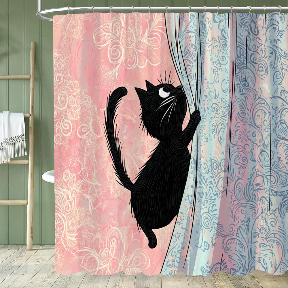 Cartoon Hipster Cat Shower Curtain - With Hooks, Easy To Clean, Adds a Quirky and Stylish Touch To Your Bathroom Decor Curtain