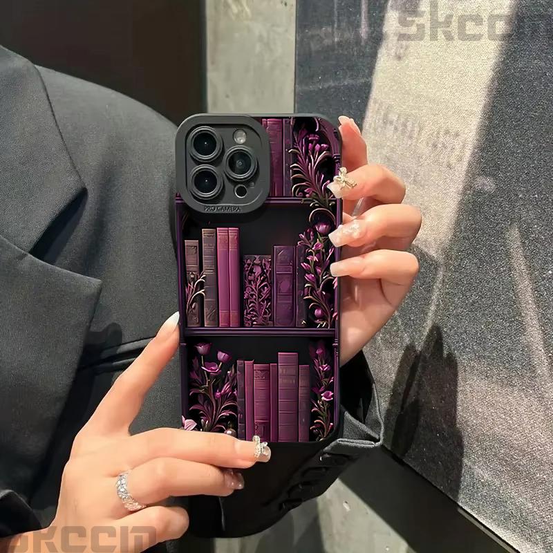 Vintage Purple Bookcase Painted Phone Case For iPhone 16 15 14 13 12 11 Pro Max Mini XS X XR 7 8 16 Plus Silicone Soft Cover