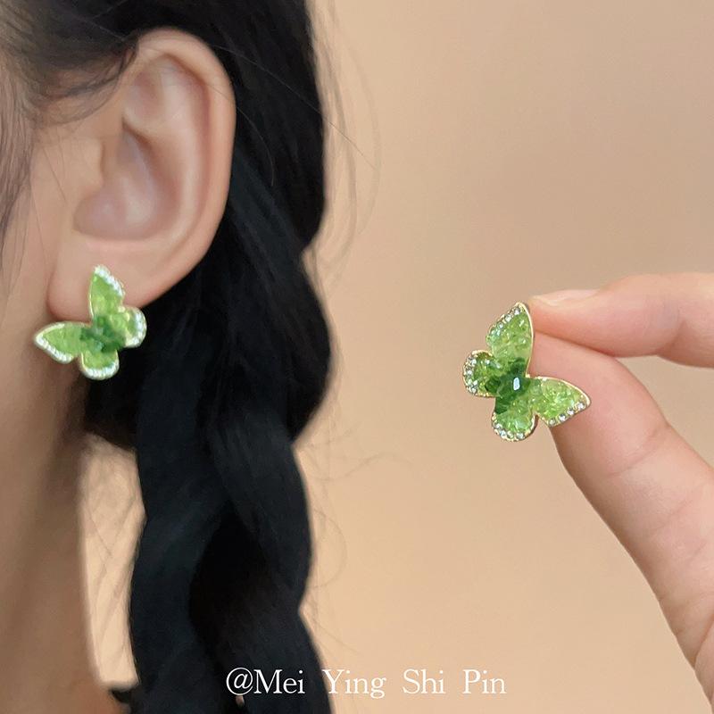 Mori green crystal gravel butterfly stud earrings women's new niche design high-end versatile earrings