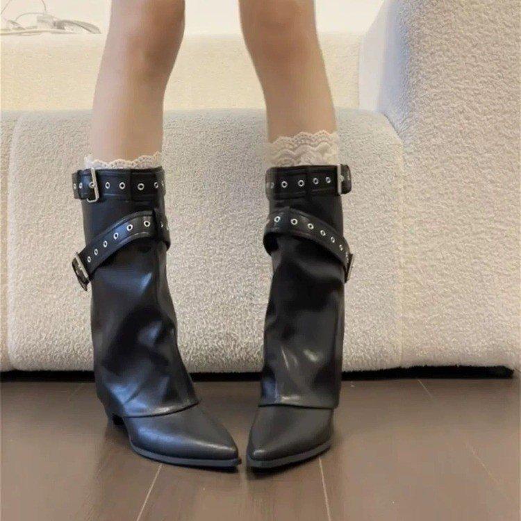 Retro thick heel medium boots women's 2025 new autumn versatile pointed western cowboy boots belt buckle trouser boots