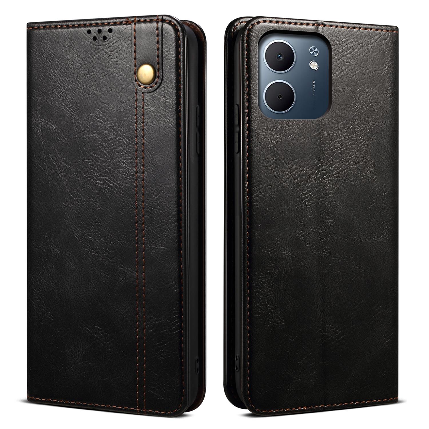 

Для Oppo A5x 4G/5G Чехол Текстура Crazy Horse Вощеная Кожа Кошелек Подставка Чехол для Телефона Black