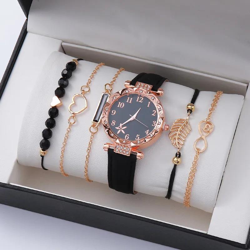New Fashion Watches for Women Ladies Simple Heart Dial Casual Female Luxury Analog WristWatches 6pcs Bracelet Set Gift No Box