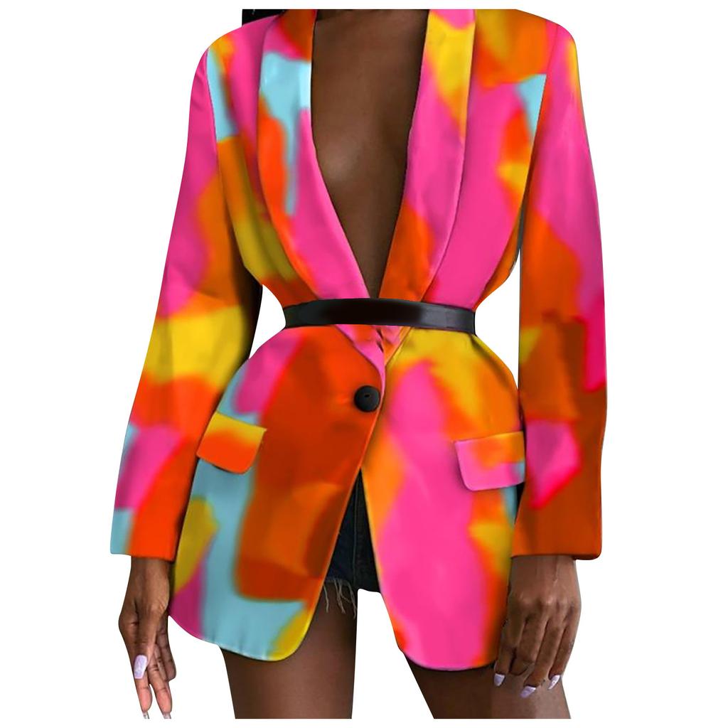 Women Fashion Long Sleeve Print Color Coat Open Front  Suit Jacket