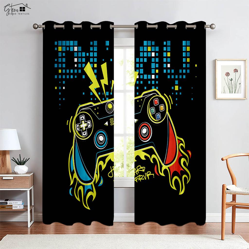 Cool Game Controller Printed Curtains Suitable For Children's Room Bedroom Game Room E-Sports Room Decorative Curtains 2 Pieces