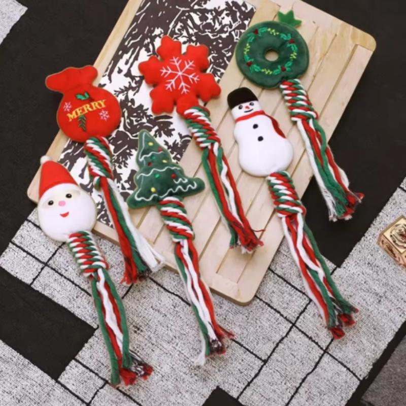 Christmas Themed Interactive Chew Toy for Dogs And Cats - Cute Squeaky Cotton Rope Knot Molar Bite Toy Funny Puppy Xmas Gift