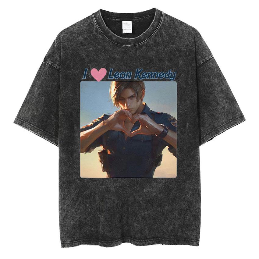 Resident Evils Leon Print Tshirt for Men Women Clothing Short Sleeve Cotton Soft Tee Tops Harajuku Washed Oversized Streetwear