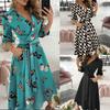Women Dress Butterfly Print V Neck Lace Up Long Sleeve Evening Dress for Banquet