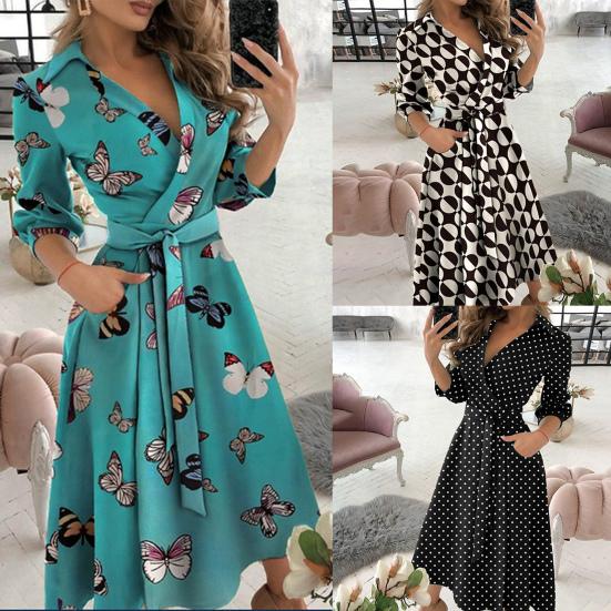 Damenkleid Schmetterlingsdruck V-Ausschnitt Schnürung Langarm Abendkleid für Bankett
