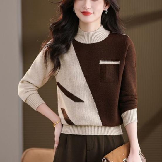 Autumn Winter Women's Crew Neck Thick Knit Sweater Loose Color-block Soft and Skin-friendly Knitted Pullover Top