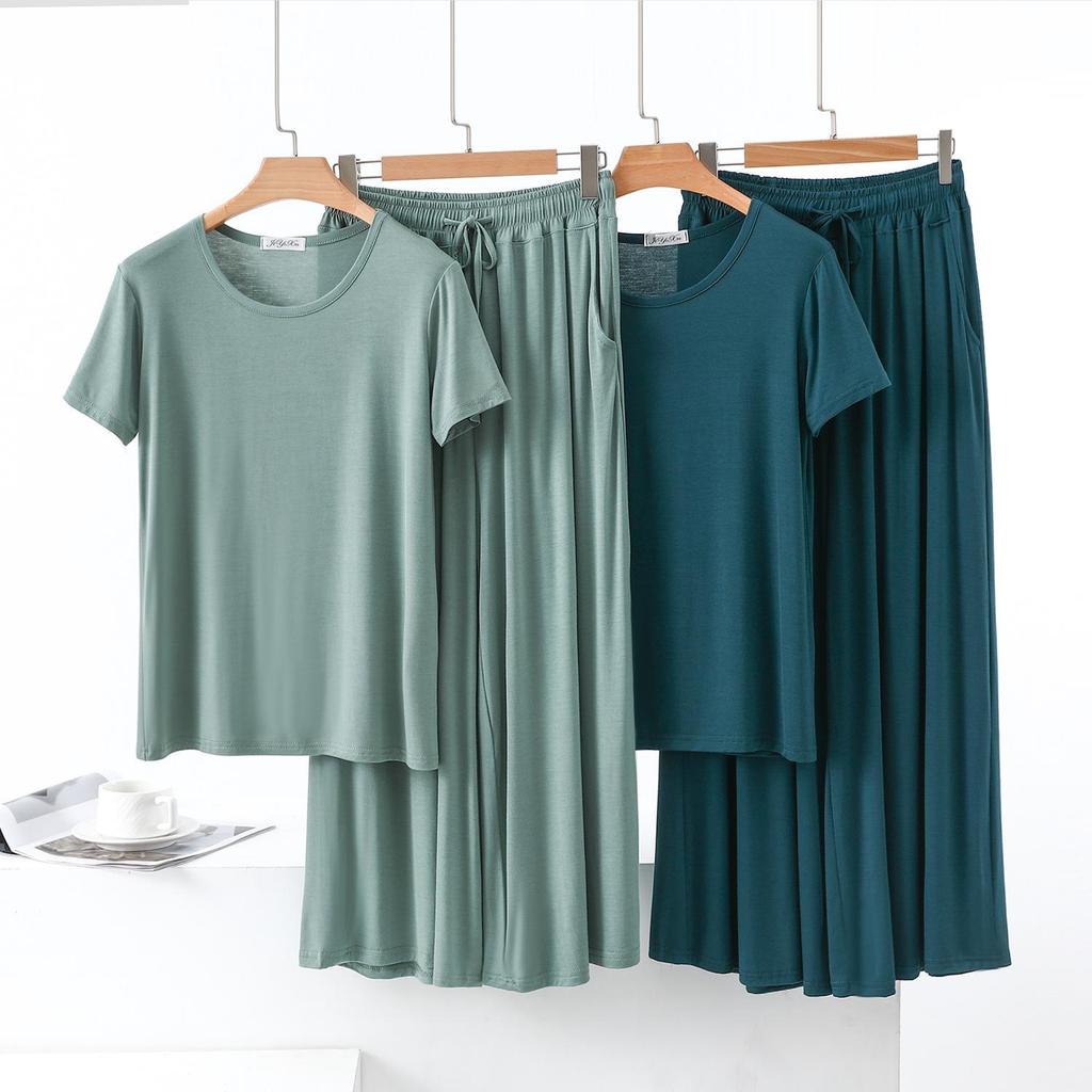 Color Block Cotton Crew Neck Two-Piece Set: Short Sleeve Top & Wide Leg Drawstring Pants