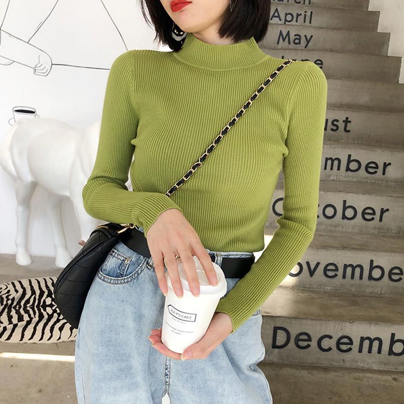 New Autumn Long Sleeve Base Knitted Sweater Women Winter Fashion Half High Collar Pullover Women Sweaters Vintage Slim Fit Solid Casual Knitwear 24970