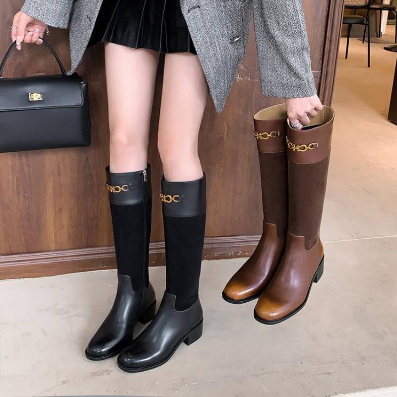 Autumn and Winter Women's Martin Boots Round Head Versatile Leather Large Size Women's Boots Low Heel Side Zipper Cowhide New High Boots