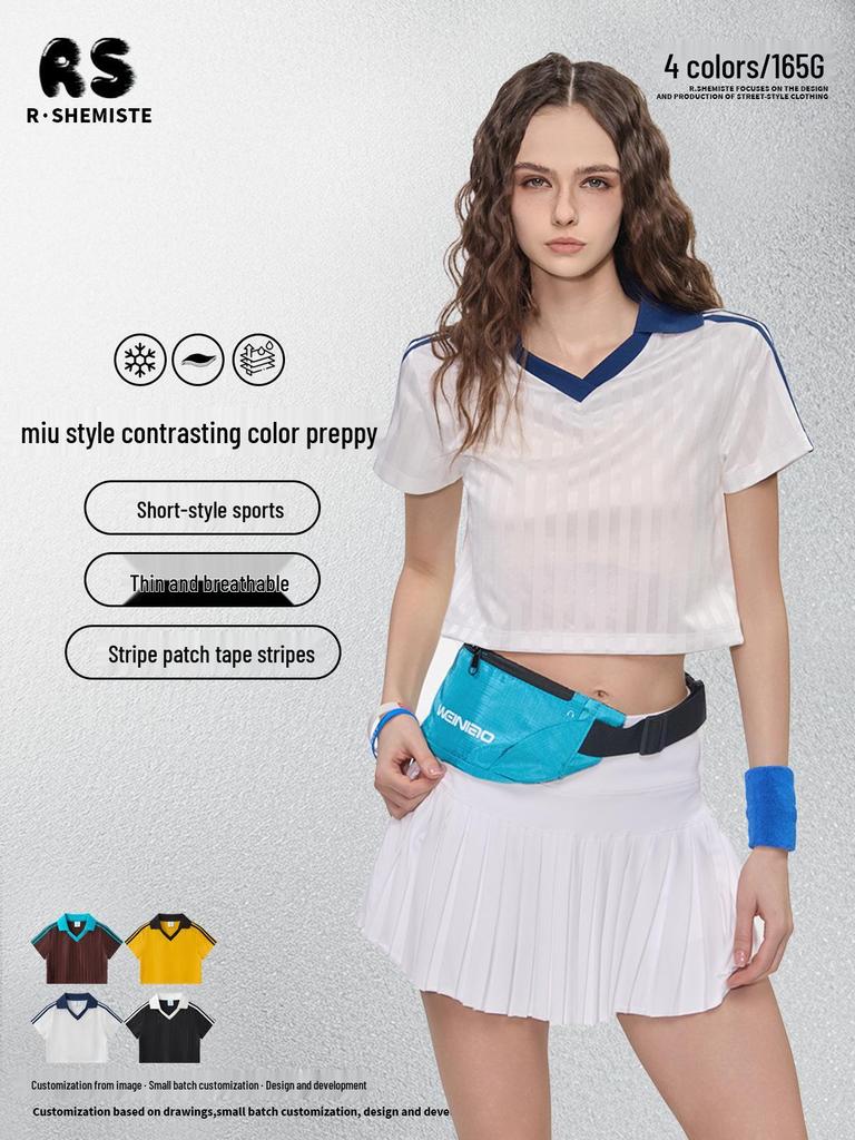 RS Women's Retro V-Neck Football T-shirt - Patchwork Stripes, Short Sleeve, USA/Canada/Mexico Sports Style