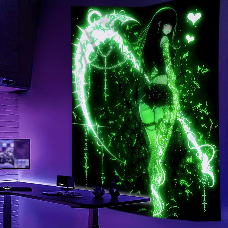 Anime Anime Girl Tapestry Cyberpunk Style Luminous Hanging Cloth Esports Room Bedroom Bedside Wall Decoration Blanket 100X70CM