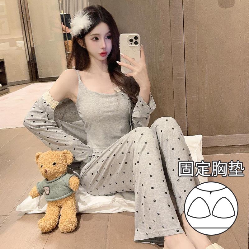 

[D] Autumn new product small strip Modal three-piece pajamas women s thin drape spot XL