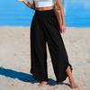 Women Casual Pants Pleated Elastic High Waist Wide Leg Long Trousers with Pockets Ruffle
