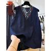 Women Linen Blend V Neck Sleeveless Tank Top With Floral Embroidery Casual Loose Fit