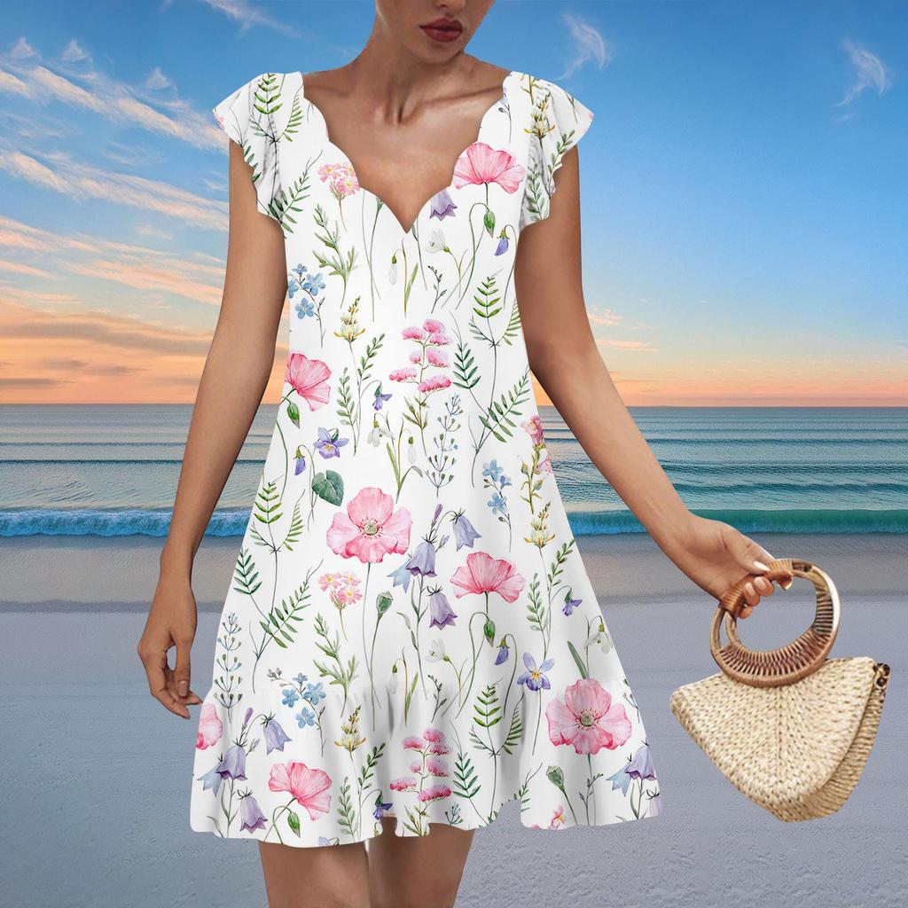 Women's Fashion Casual V Neck Wavy Edge Texture Print Short Sleeve Dress