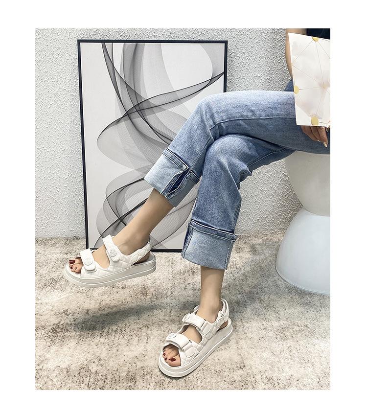 Sandals for Women 2025 New Fairy Style Genuine Leather Velcro Summer New Versatile Flat Bottom Women's Shoes Ins Trend