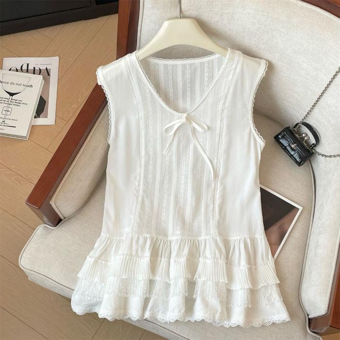 Summer Women's New Japanese Fashion Casual Pure Desire Style Lace Splicing Lace-up Doll Shirt Sleeveless Vest Top