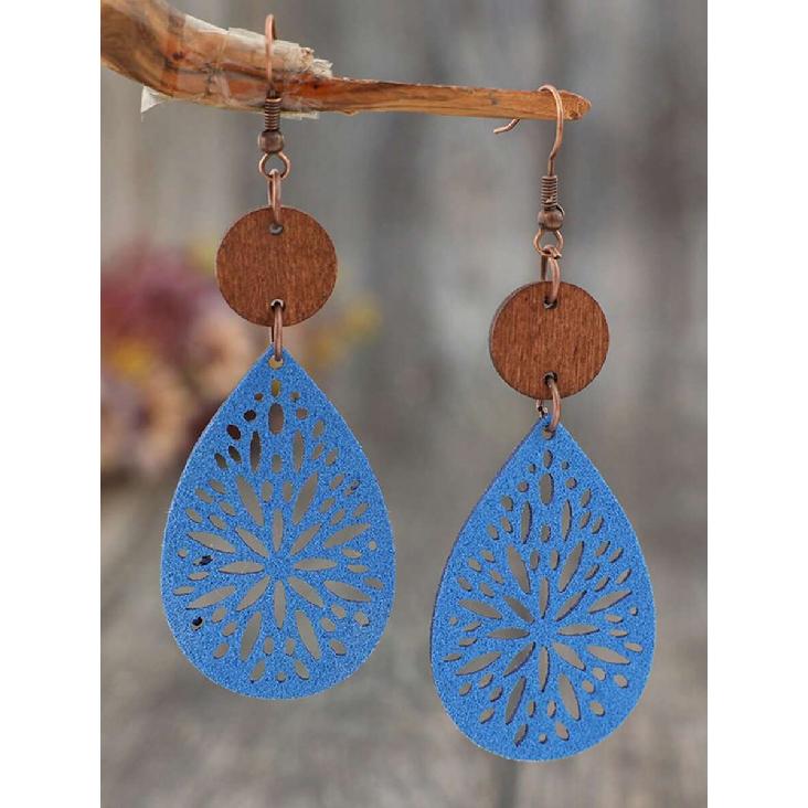 1 Paio Orecchini Pendenti Bohemien Vintage Intagliati a Intarsio in Pelle e Fetta di Legno per Donna