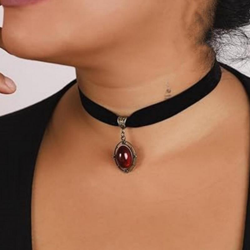 Cherry Red Gem Velvet Gothic Necklace Jewelry