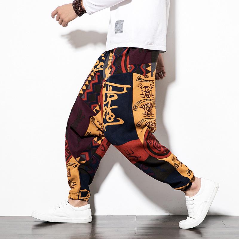 2023 Spring Men's Chinese-Style Cotton Linen Harem Pants - Printed Hip Hop Trousers