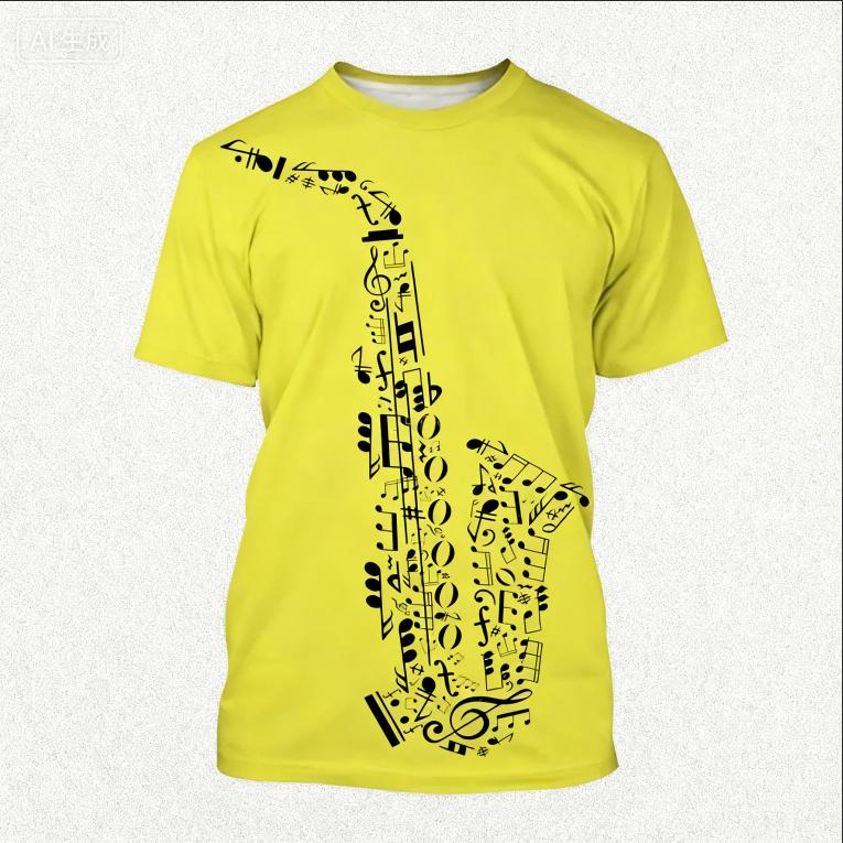 Summer Round Neck 3D Saxophone Pattern Print Top Fashionable Casual Short Sleeved Men's T-shirts