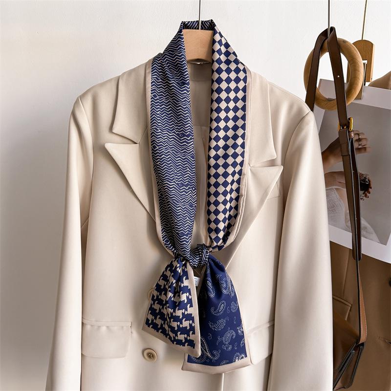 Geometry Plaid Small Silk Scarf Women Tie Bag Headband Double-Layer Printing Hairband Neckerchief Ribbon Luxury Decorate