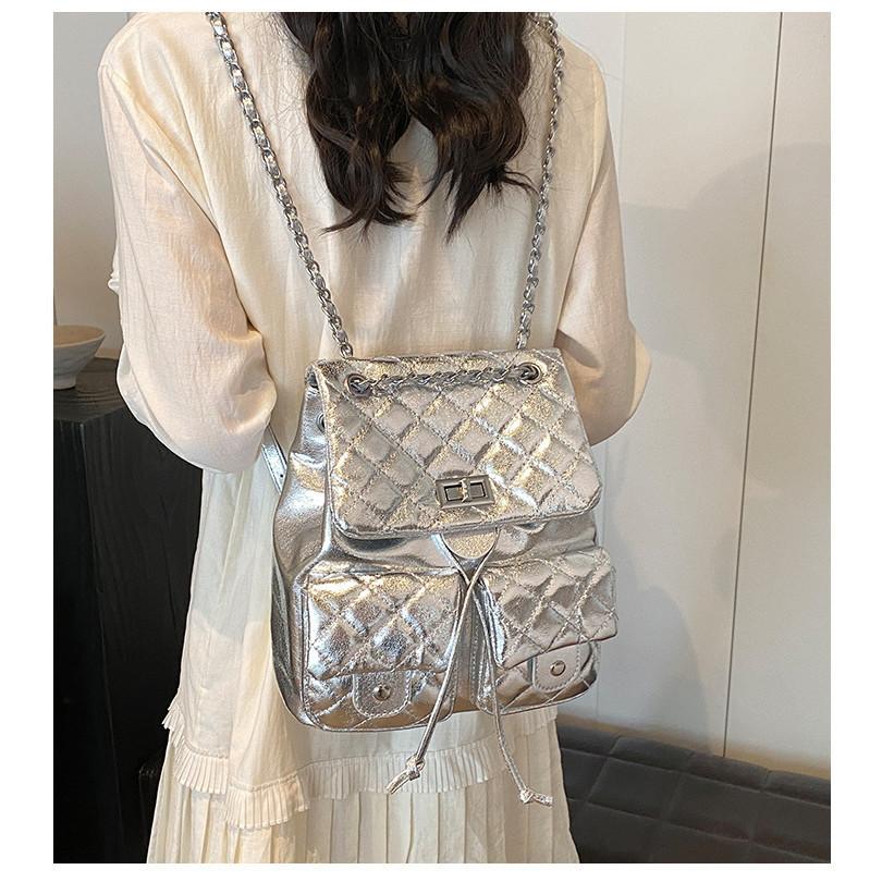 IELGY Women's Temperament Rhombus Backpack, Silver Chain Backpack