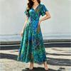 Women's Short Sleeve Maxi Dress Floral Print V Neck Chiffon Long Dress Casual Lightweight Summer Dress for Daily Wear