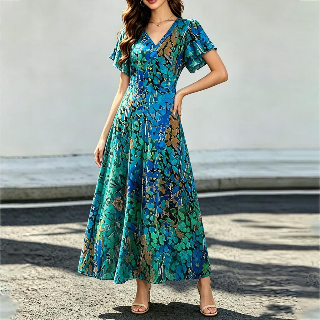 Women's Short Sleeve Maxi Dress Floral Print V Neck Chiffon Long Dress Casual Lightweight Summer Dress for Daily Wear