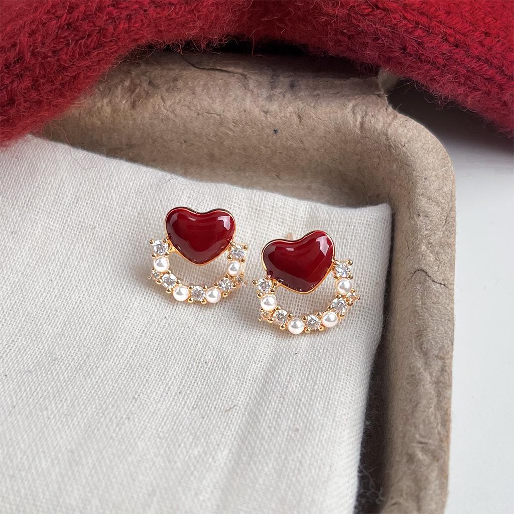Ankela Red Fireworks Court-Style Love Heart Zirconia Stud Earrings - Wine Red Drip Glaze, Niche Luxury