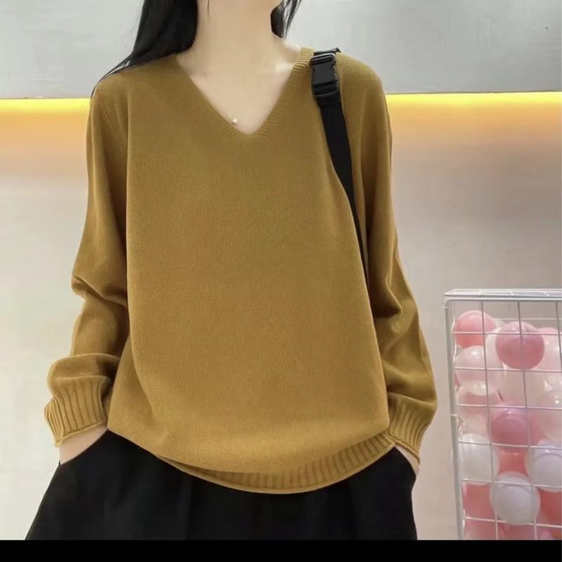Pull col V Élégant Fond de Robe Nouveau Pull Ample à Manches Longues Haut Uni Polyvalent pour Femmes