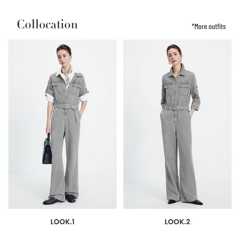 Navigare Women's Retro Workwear Wide-Leg Denim Jumpsuit
