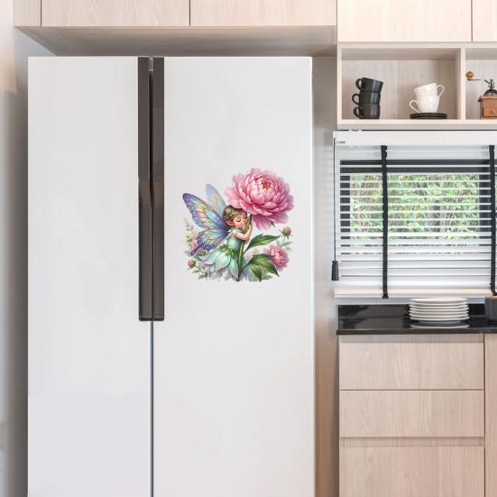 Rosa Blumenfee Fenster Statisch Haftend Abnehmbar PVC Großer Pfingstrosenblüten Aufkleber für Kinderzimmer Schlafzimmer Wohnzimmer Fenster Glas Tür Dekor