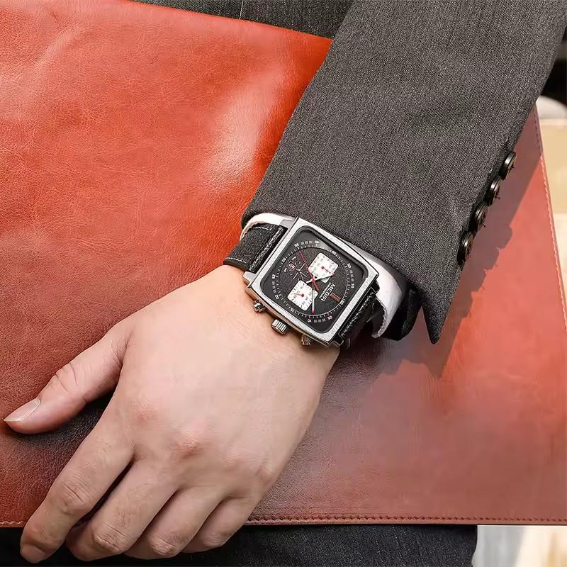 Megir Blue Black Square Dial Men's Casual Leather Strap Date Waterproof Night Light Retro Design Men's Quartz Clock Reloj