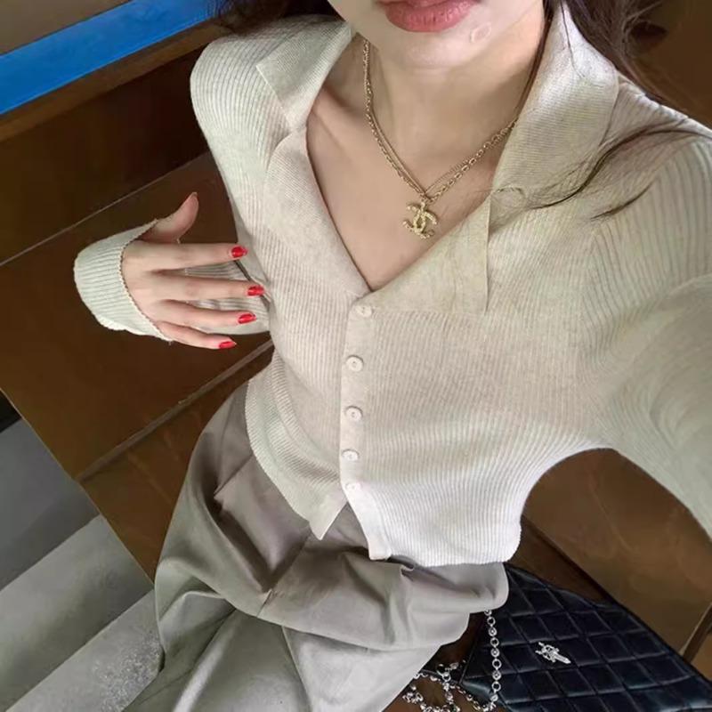Chic polo lapel knitted sweater spring waist thin Spice girl style long-sleeved sweater temperament top