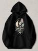 Black Pullover Hoodie with Whispers from the Sky Text, Crescent Moon and Feather Graphic Print, Unisex Casual Sweatshirt for Daily