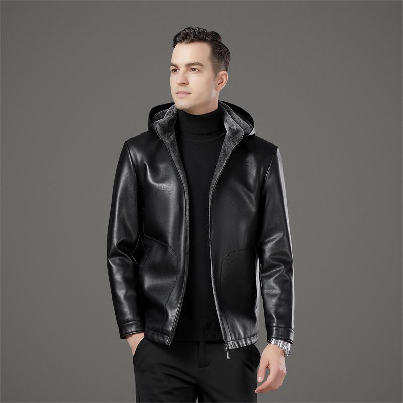 

Мужская куртка из натуральной кожи осень-зима новый стиль средний возраст повседневный с капюшоном темперамент ветрозащитный плюс бархат кожаная куртка 3XL