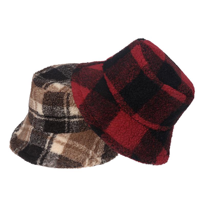 ins European and American foreign trade fashion plaid thermal hat versatile men and women lamb wool bucket hat autumn and winter basin hat plaid