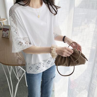 Women's Summer Tops Casual Half Sleeve Hollow Solid Color Lace T-Shirt