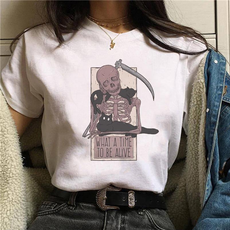 Summer Tshirt Female Tee Skull Cat Print Women Tshirt Punk Dark Grunge Streetwear Ladies Gothic Top Tshirts Harajuku Clothes Y2K