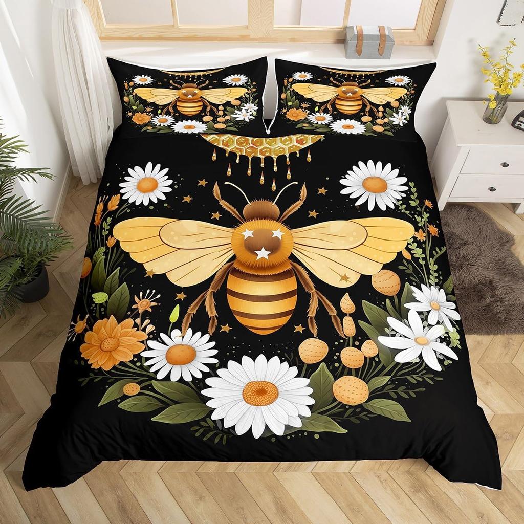 Bee Duvet Cover Twin Honeybee Bedding Set Farmhouse Wild Animal Comforter Cover Boho White Daisy Flowers Floral Wreath Bed Set